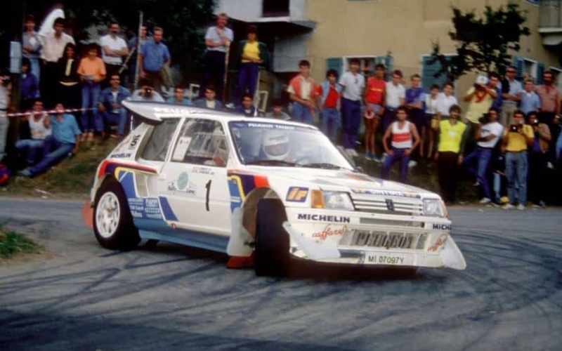 Andrea Zanussi al Rally Lana 1986 con la Peugeot 205 T16