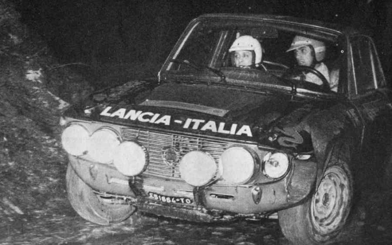 Sandro Munari e il suo navigatore Mario Mannucci su Lancia Fulvia 1.6 Coupé HF al Sanremo-Sestriere - Rally d'Italia 1971